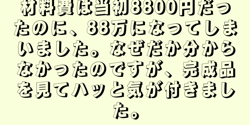 材料費は当初8800円だったのに、88万になってしまいました。なぜだか分からなかったのですが、完成品を見てハッと気が付きました。