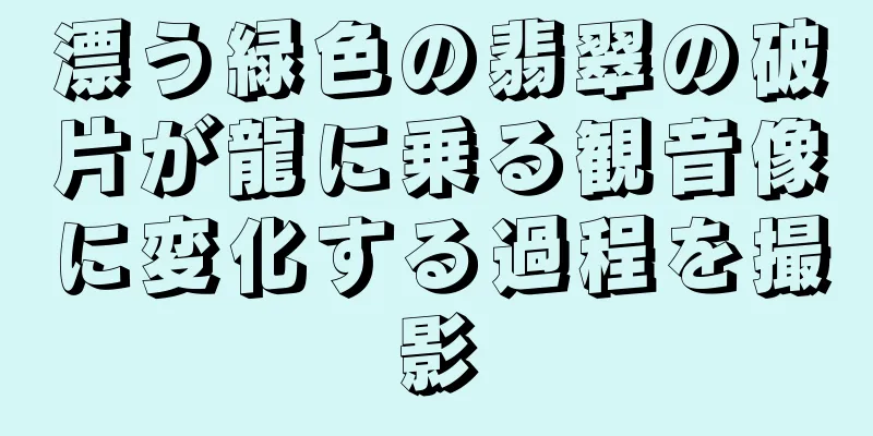 漂う緑色の翡翠の破片が龍に乗る観音像に変化する過程を撮影
