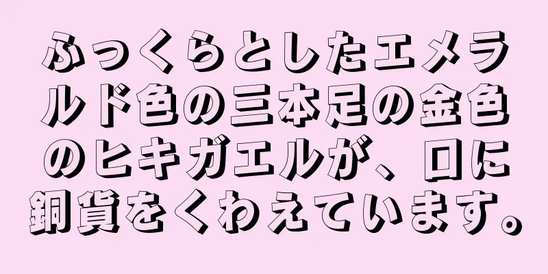 ふっくらとしたエメラルド色の三本足の金色のヒキガエルが、口に銅貨をくわえています。