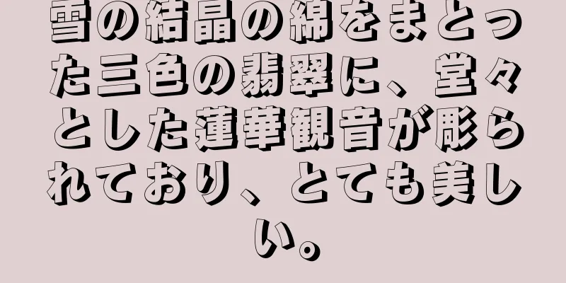 雪の結晶の綿をまとった三色の翡翠に、堂々とした蓮華観音が彫られており、とても美しい。