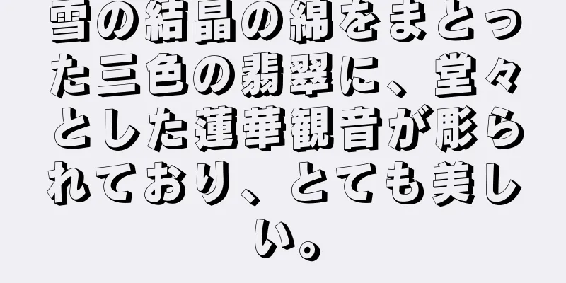 雪の結晶の綿をまとった三色の翡翠に、堂々とした蓮華観音が彫られており、とても美しい。
